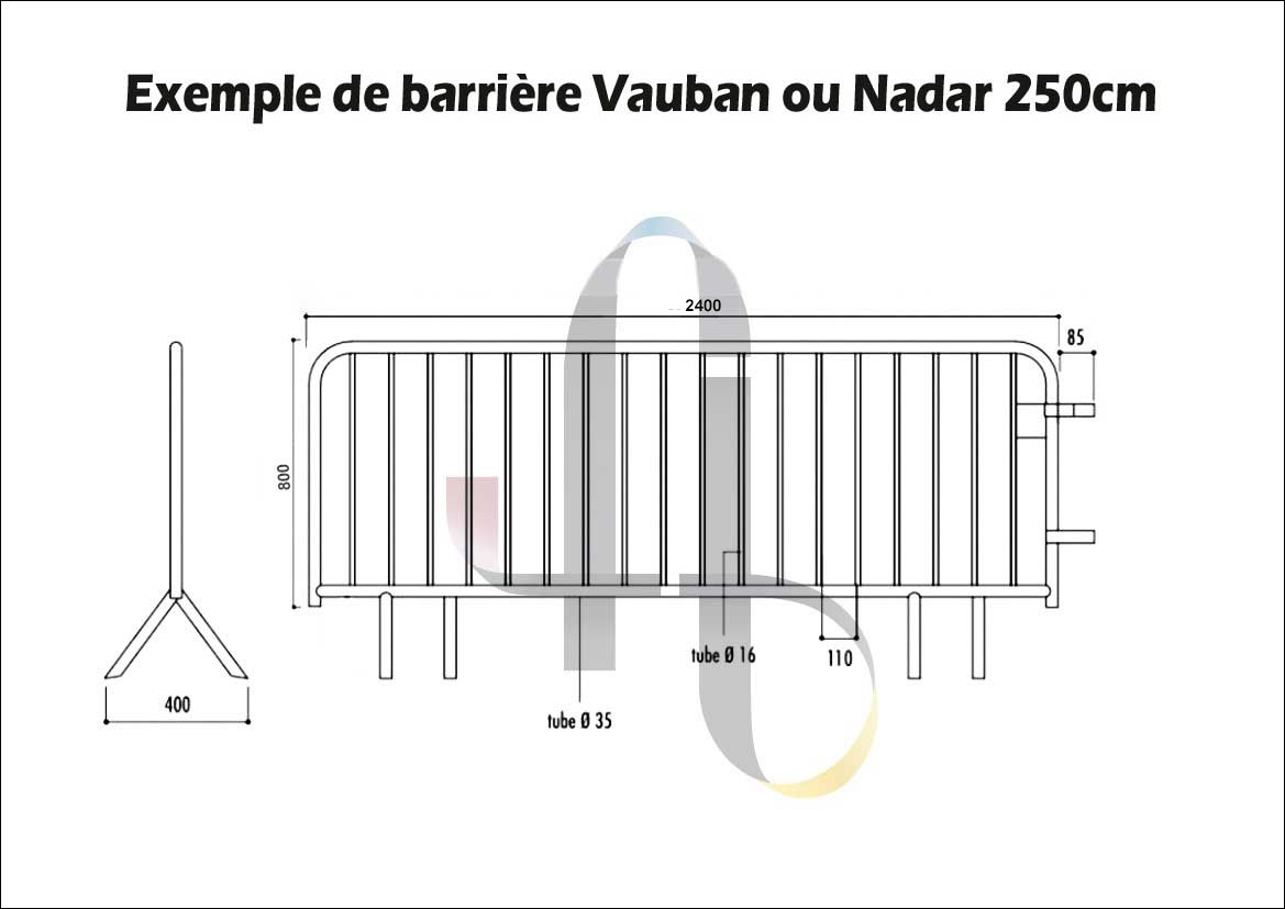description complète tailles et hauteurs d'une barrière Vauban ou Nadar soit 250cm de long