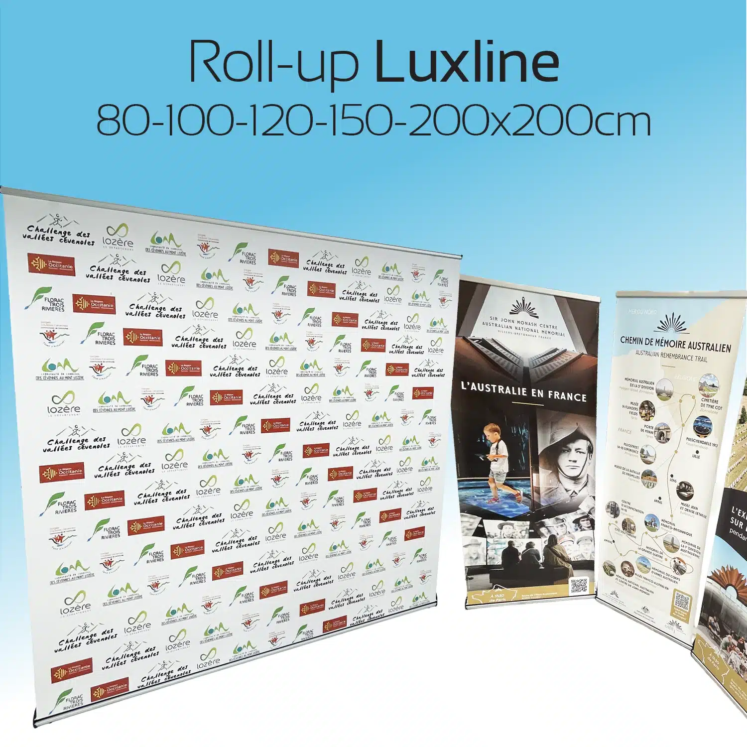 Gamme de rollup haut de gamme design sans pied. embase lestée pour plus de stabilité et structure discrète pour maximiser l'impact visuel
