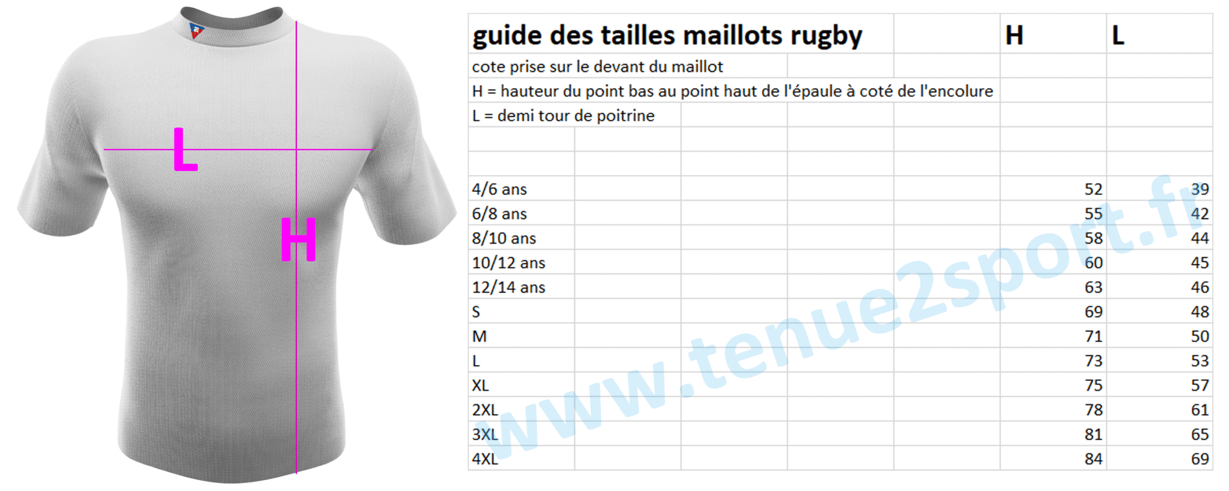 les tailles de maillots de rugby fabriqués par www.tenue2sport.fr